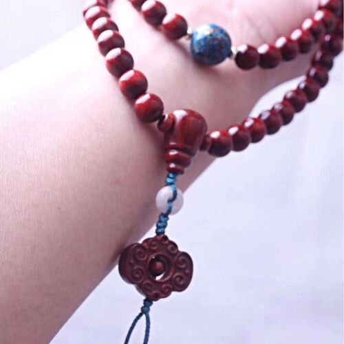 【Good Fortune Arrives】Small Leaf Rosewood 108-Count Buddhist Rosary Bracelet with Chicken Blood Red National Trend Lacquer Beads, One Piece for Shipping