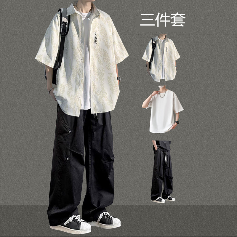 Summer Short-Sleeved Shirt Three-Piece Set for Male Teenagers, Hong Kong Style Handsome Casual Outfit, High-End Trendy Set