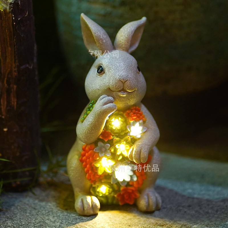 (2개) 크리에이티브 수지 토끼 동상 LED 태양열 야외 정원 안뜰 공예 선물 장식품 흰색