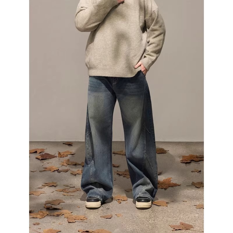 Men's Clothing Loose Straight Leg Jeans Scimitar Design Casual Wide Leg Mid Waist Polyester Spring Autumn Fashion_mkmklike.com