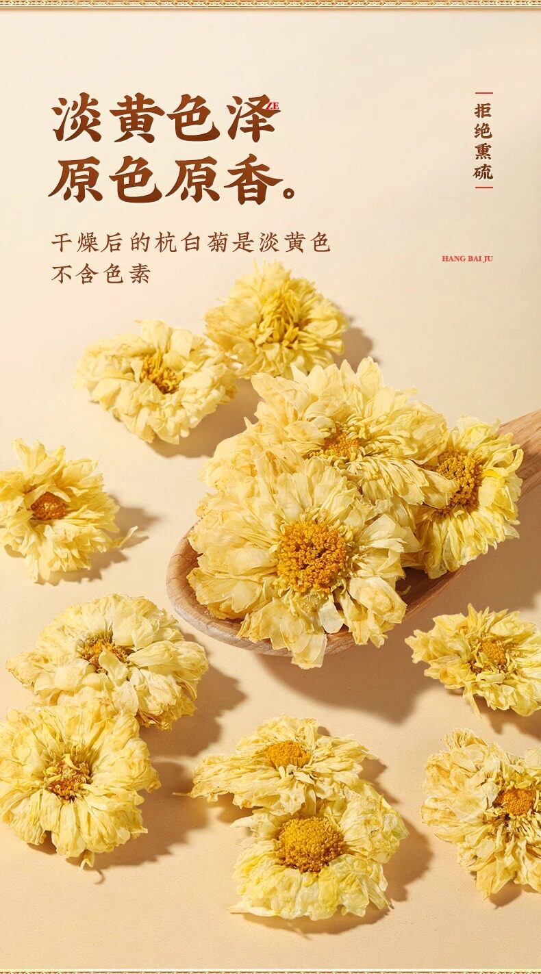 Premium Hangzhou White Chrysanthemum Flower Tea Tai Ju Dried Buds 65g Canned in use
