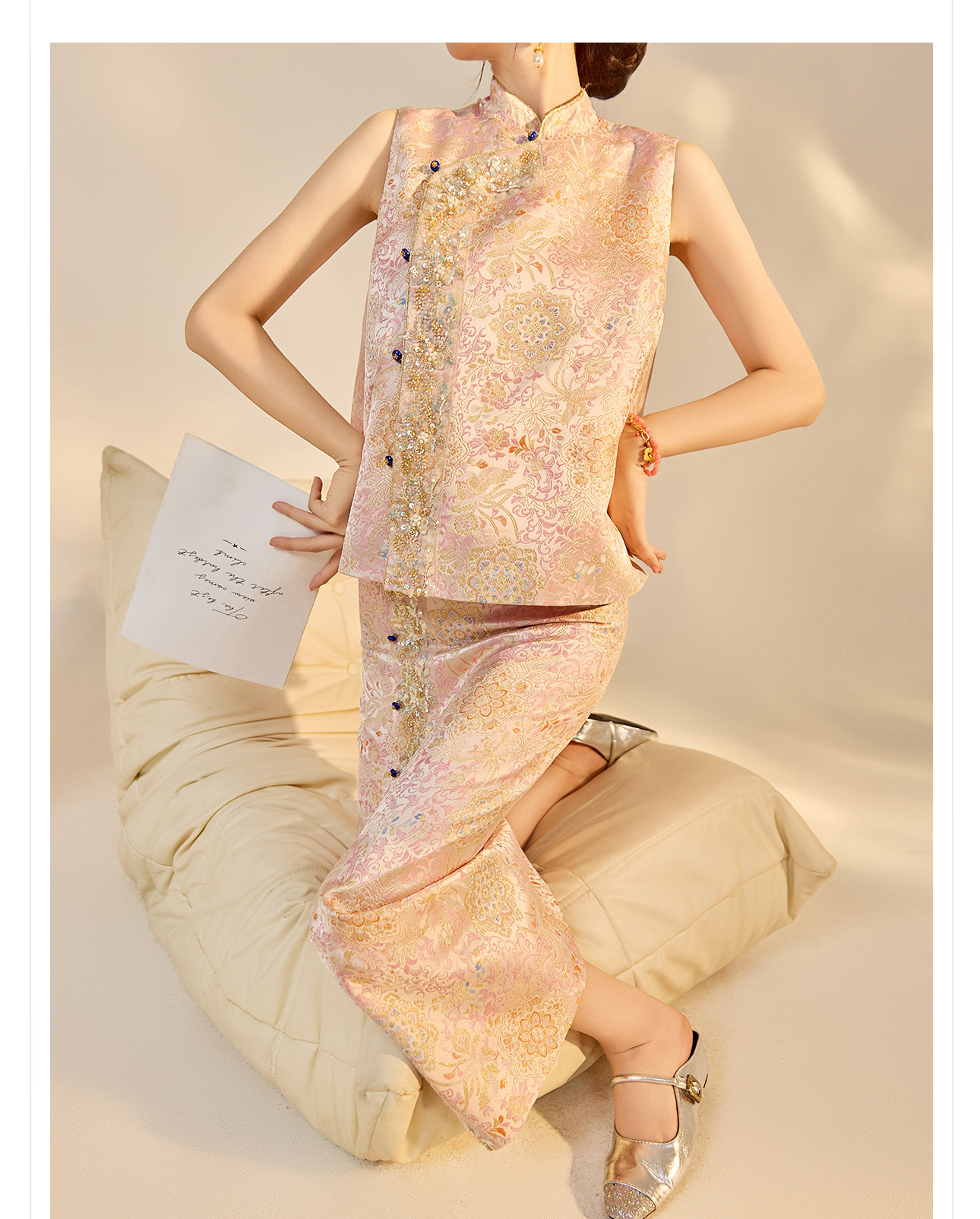 Bộ áo gile và chân váy chẻ cao phong cách Trung Hoa đính cườm thêu sequin mùa thu — nửa váy, Trang chủ chi tiết 8