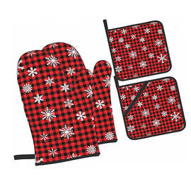 圣诞雪花红布法罗格子烤箱手套和锅架套装，防滑耐热适用于厨房