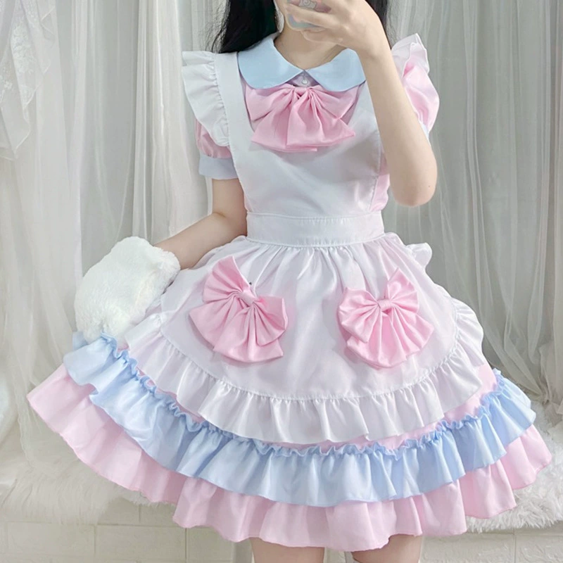 Костюм лолита-горничной (женский) soft-girl японский каваи розово-белое платье с фартуком и головным убором
