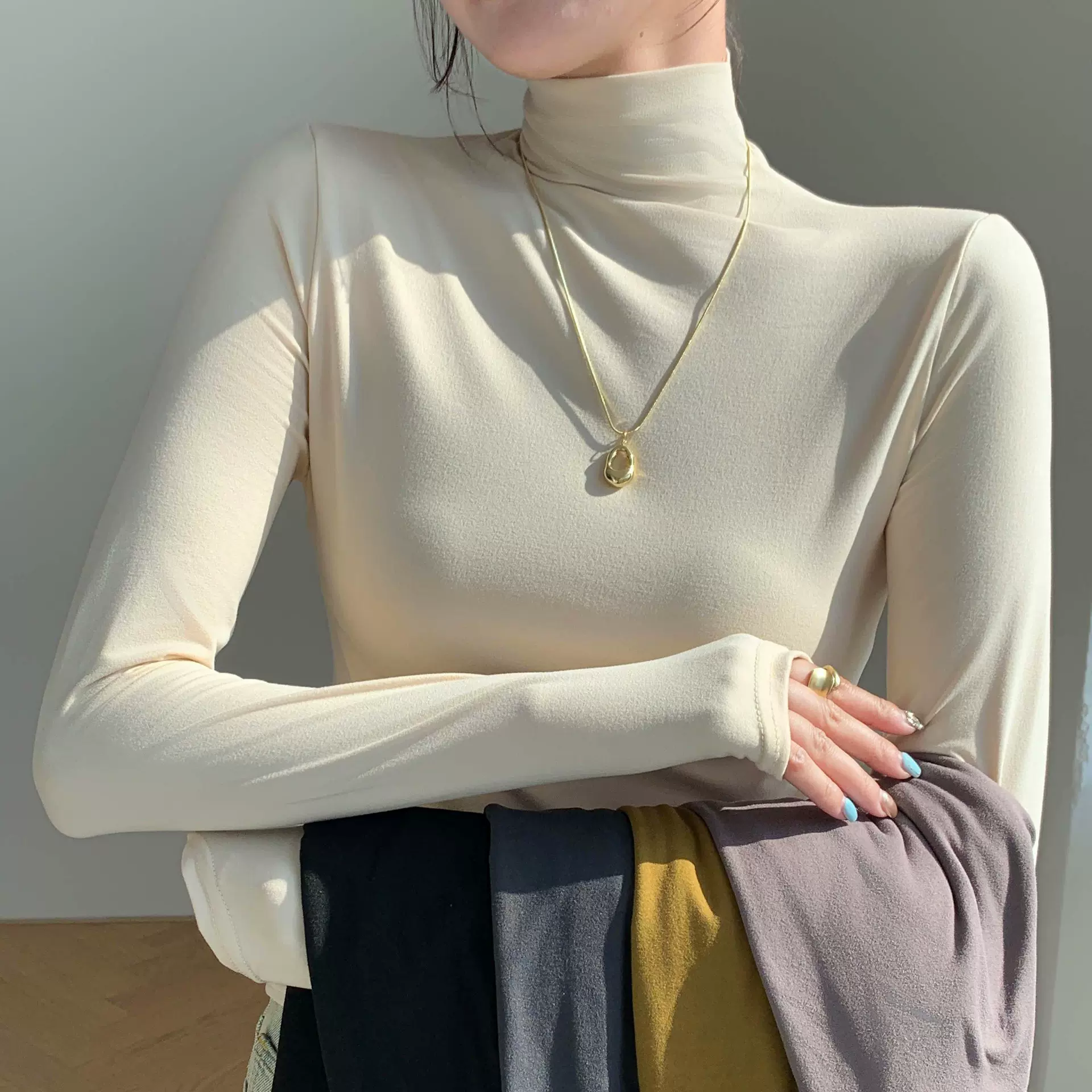 H528半高领面膜衫女内搭秋冬磨毛打底衫修身保暖外穿长袖T恤上衣