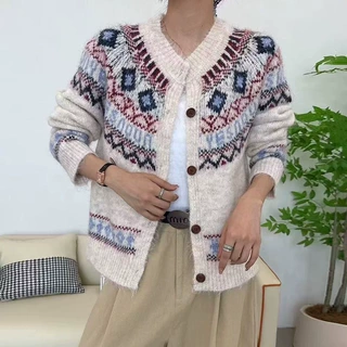 跨境欧美外贸女式针织毛衣 圆领单排扣费尔岛元素拼色开衫毛衣女