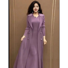 中年妈妈褶皱西装领假两件风衣裙收腰显瘦秋季新款弹力连衣裙套装