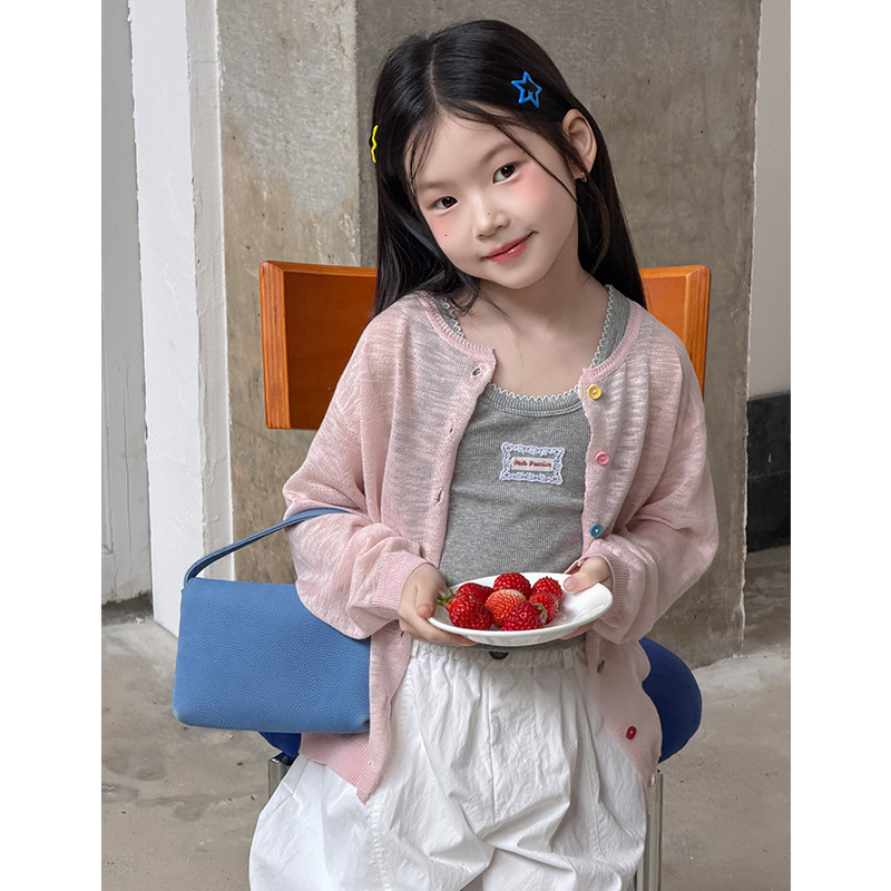 童装女童彩扣空调房户外外套韩系温柔风轻薄竹节麻针织彩扣防晒衫