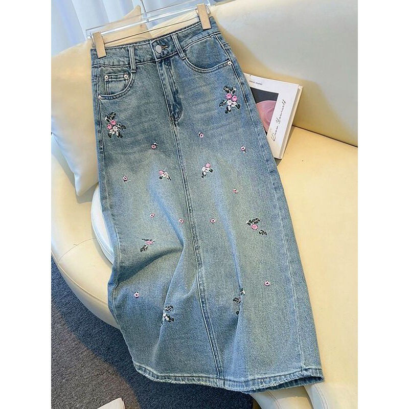 Mid-Length Denim Skirt for Women, 2026 Spring and Summer New Style, High-Waisted, Back Slit, Embroidered A-Line Bodycon Skirt