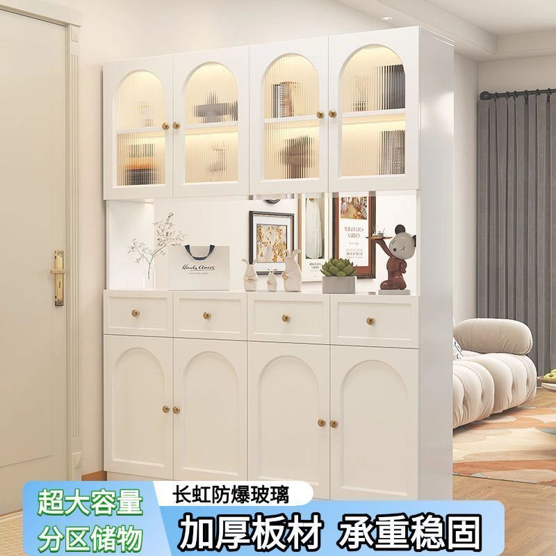 奶油风玄关柜入户门口鞋柜客厅隔断屏风一体置物柜实木酒柜置物架|undefined