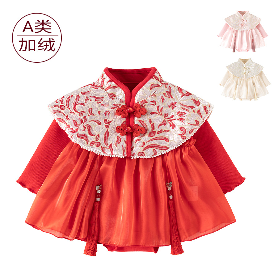 Chinese-Style Red Baby New Year Dress, Infant Winter Fleece-Lined Romper Dress, One-Year-Old Birthday Dress, Formal Dress