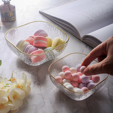 日式锤纹金边玻璃碗家用创意方形透明网红沙拉碗餐具甜品碗日用碗