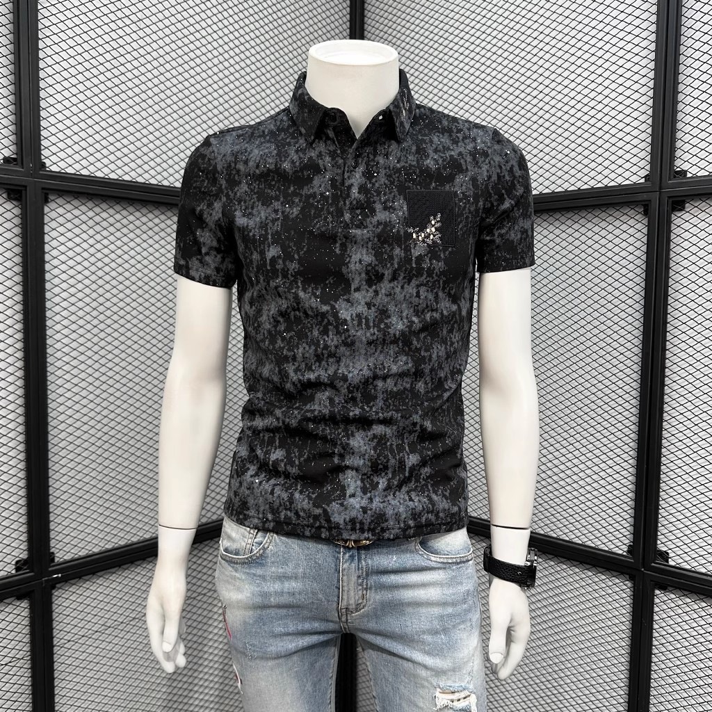 The Same Style of Summer Starry Sky Tie-Dye Short-Sleeved Polo Shirt for Men, Fashionable and Casual Trendyy Slim Lapel Half-Sleeved T-Shirt