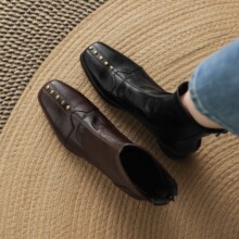 33—43大码靴复古铆钉粗跟短靴女秋季新款方头骑士靴中跟单靴跨境