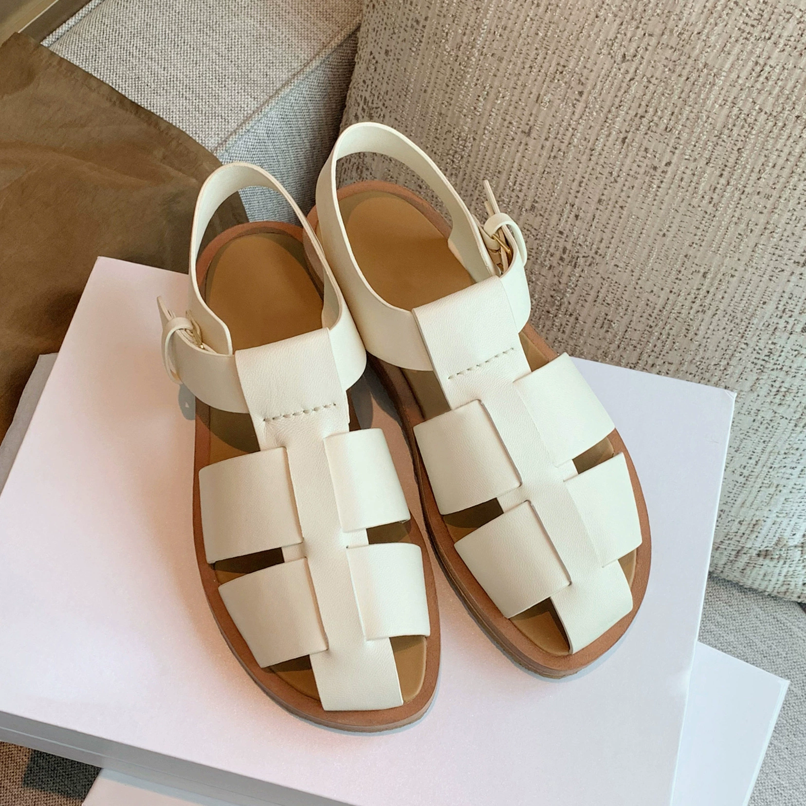 Версия из овчины ~ Широкие дышащие регулируемые римские сандалии из натуральной кожи для женщин, летние тканые сандалии на плоской подошве с вырезами в стиле ретро