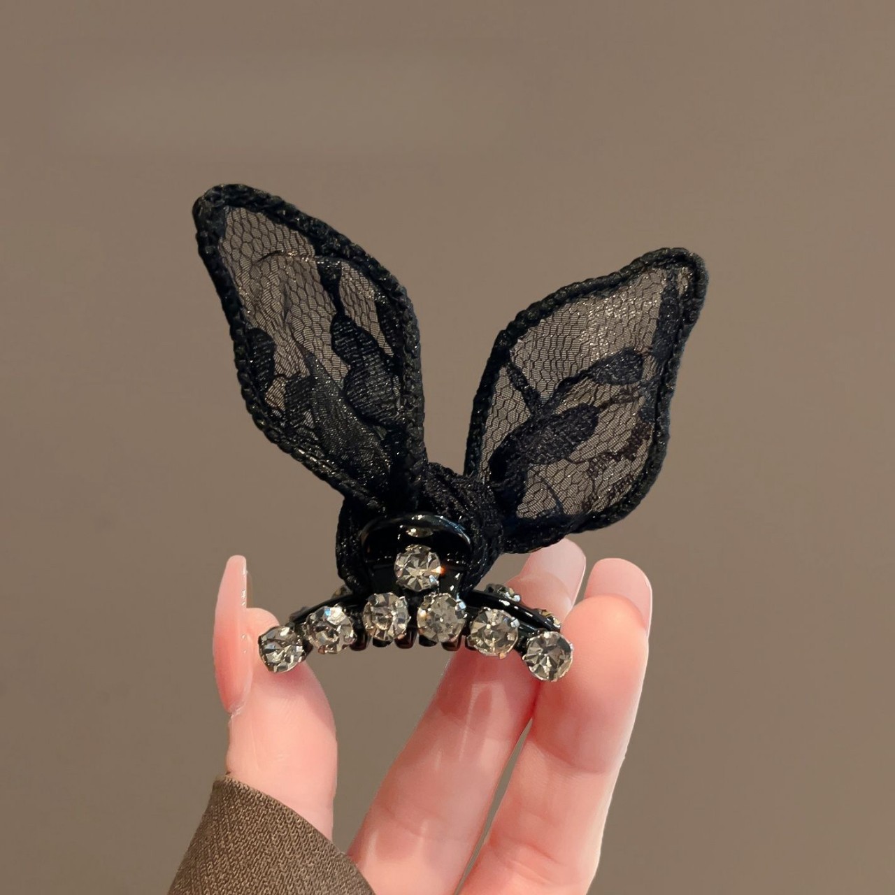 亮鑽珍珠蕾絲絲兔抓夾黑色純欲風兔耳朵鑽鑽抓夾軟妹賣萌可愛髮夾