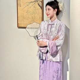 新中式国风女装端庄大气新娘晨袍礼服浅紫色提花盘扣外套套装裙秋