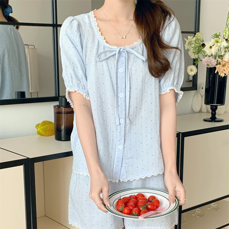可爱少女小波点短袖睡衣夏季新款舒适纯棉小清新天空蓝家居服套装