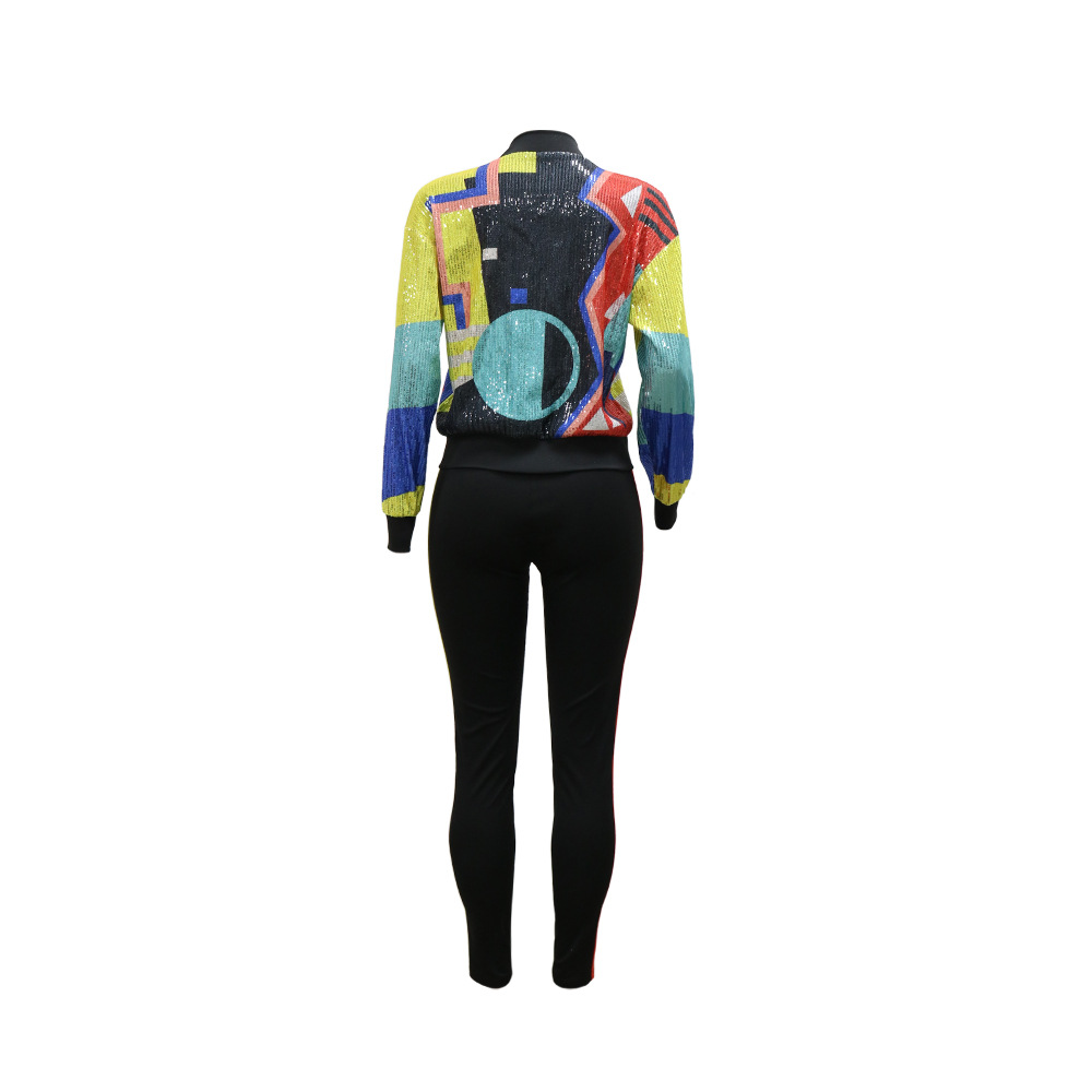 Women's British Style Color Block Sequins Printing Patchwork Zipper Coat Jacket display picture 4