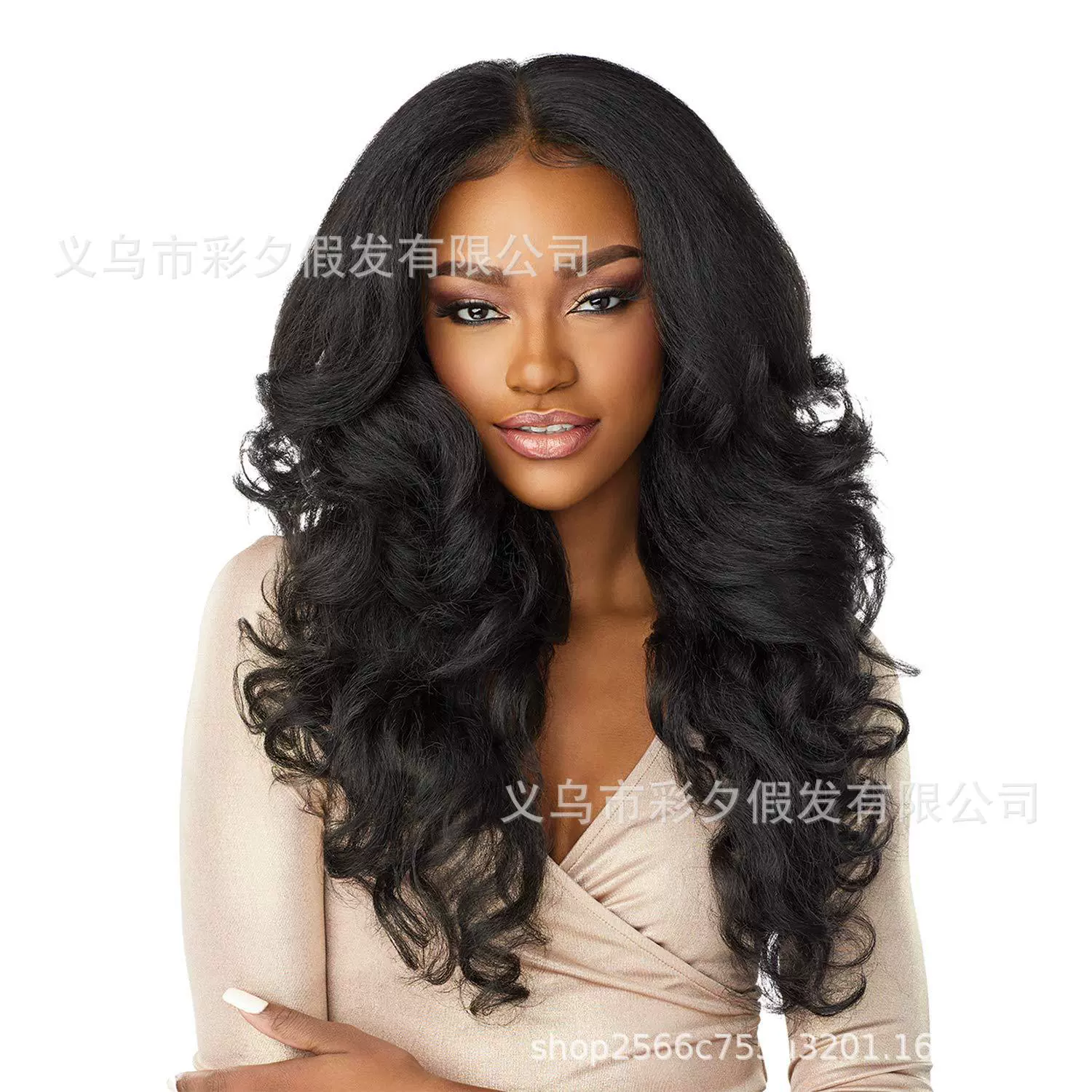 亚马逊热销假发 欧美女士13*4前蕾丝化纤头套 黑色yaki中分长卷发