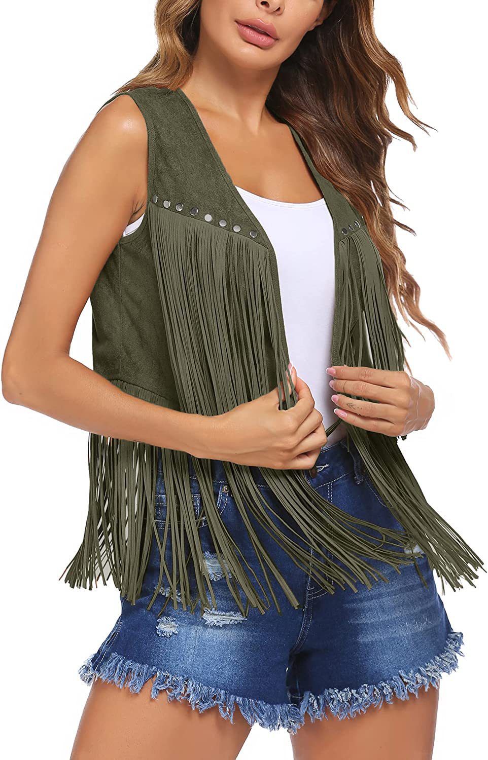 Cappotto da donna con frange in pelle di daino in velluto sbottonato di media lunghezza_voghion.com