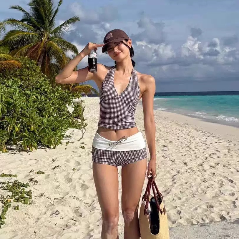 2025 New Swimsuit for Women, High-End Sexy Retro V Neck Plaid Halterneck Split Swimsuit, Slimming Look Swimsuit