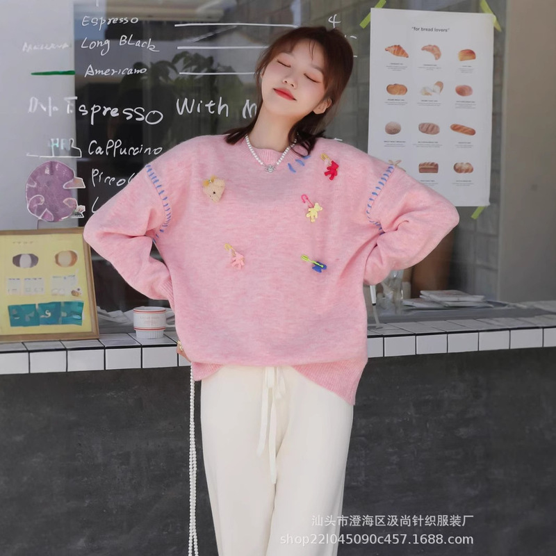 Clearance White, Pink, and Black Sweaters, Knit Tops, Loose Pullovers, Long Sleeves, Casual 3D Pattern