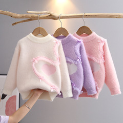 Women's Children's Wool Mink Fleece Autumn/Winter New Design Hoodless Round Neck Knitted Top Girl's Outwear Purple for Middle and Small Children 3 to 6