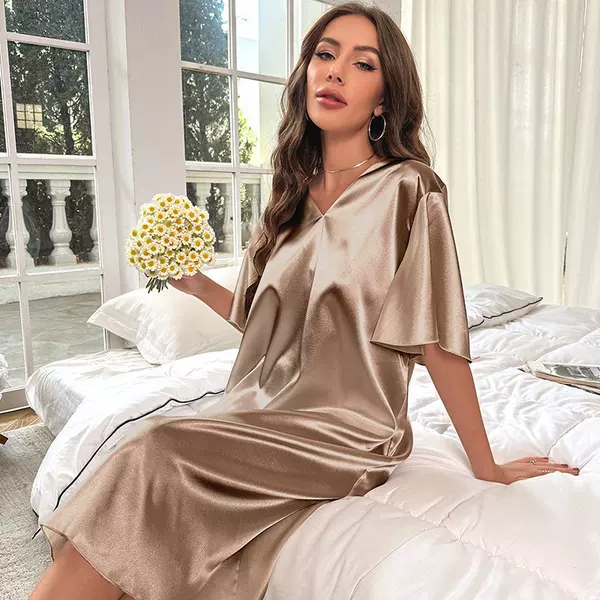 Amazon cross-border plus size ice silk pajamas women's summer cool thin home wear long women's nightdress wholesale 3148