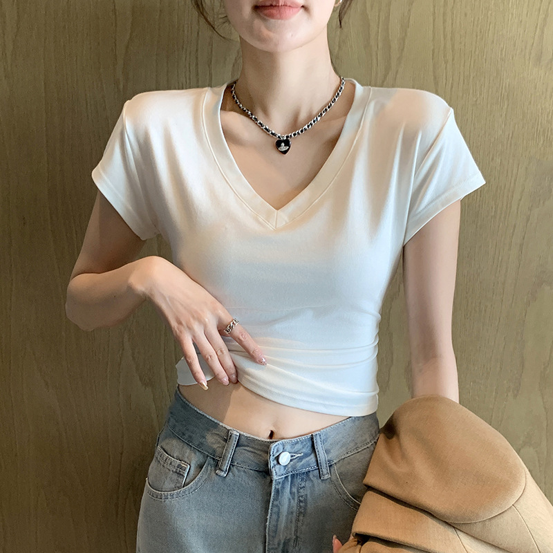 正肩V领短袖T恤女夏季新款百搭收腰显瘦高级感小众ins上衣女|undefined
