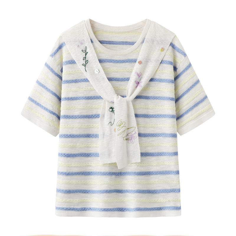 71Pu-4072 Embroidered Shawl Collar Striped Knitwear 2026 Summer New Style Sweet Design Short-Sleeved Top
