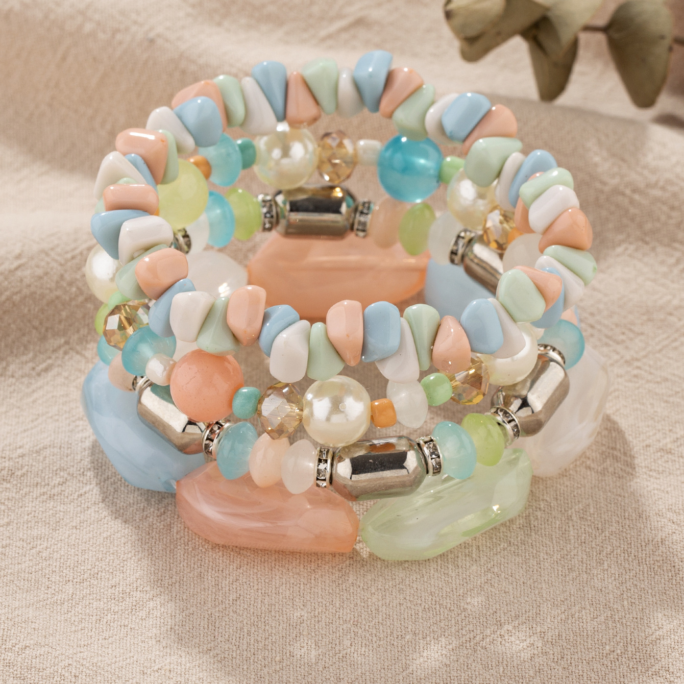 Bohemian Light Luxury Imitation Gemstone Bracelet Set, Vintage Ethnic Style Acrylic Bracelet for Women, Wholesale from Manufacturer