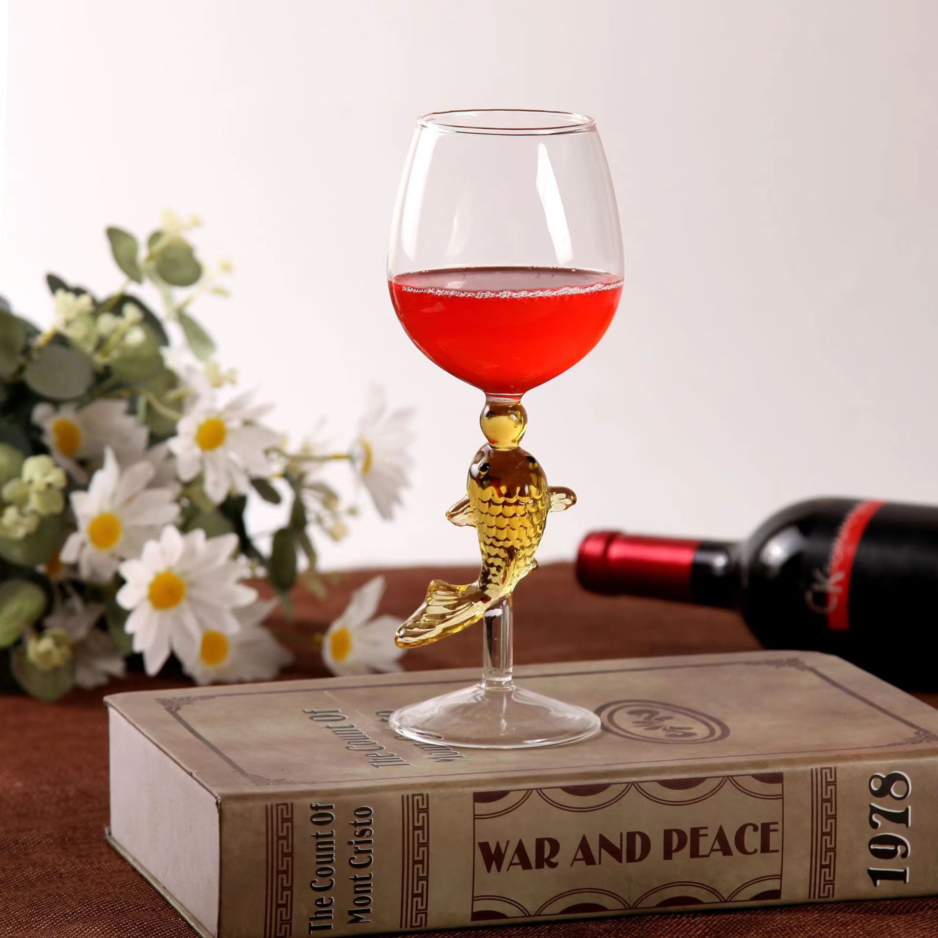 创意高脚玻璃酒杯 彩色锦鲤鱼高脚杯好运杯 红酒 香槟 饮品玻璃杯