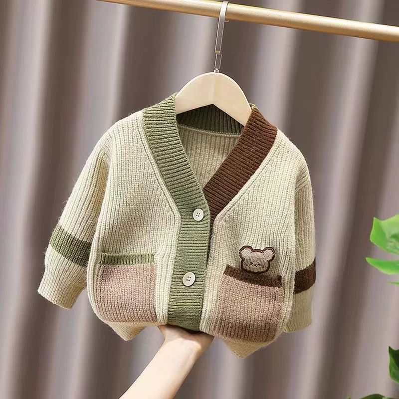 Детский корейский карманный вязаный кардиган для мальчиков и девочек, осень-зима 2022, толстый свитер, куртка для малышей