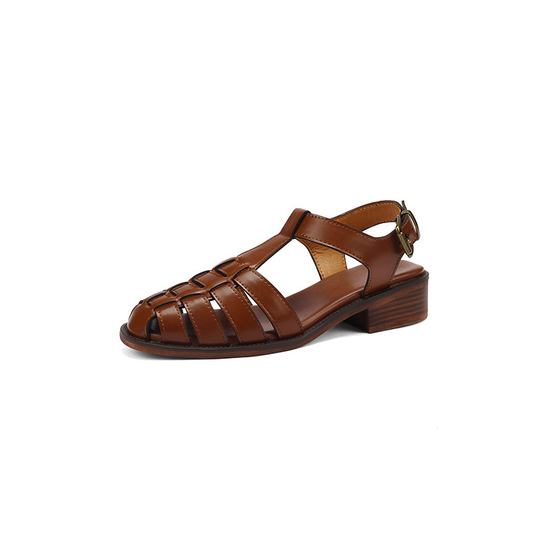 Dép sandal nữ quai chữ T dệt đế mềm phong cách retro — nâu