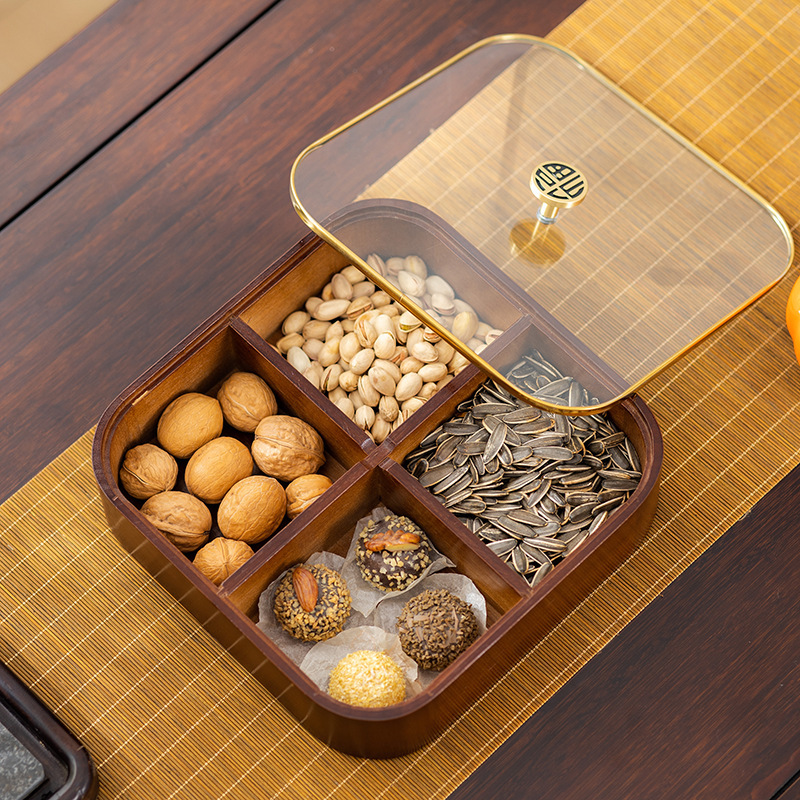 Cuatro placas de fruta seca de madera sólida retro con cubierta de vidrio de borde dorado mesa de té doméstica nueces dulces caja de frutas dividida