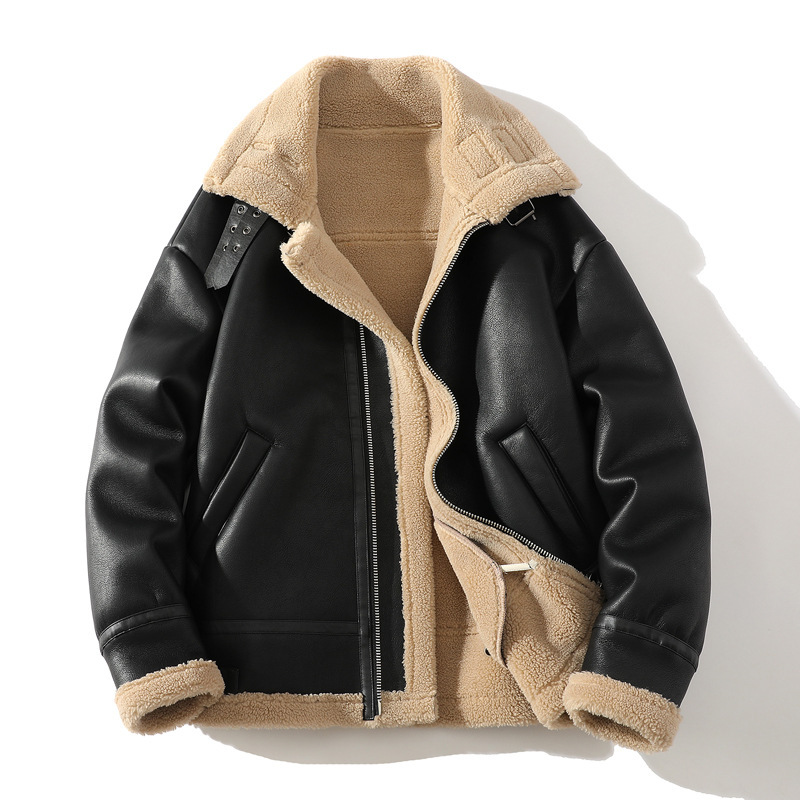Cross-border foreign trade men's clothing plus size lapel casual fur motorcycle jacket fleece-lined thickened warm JK1957