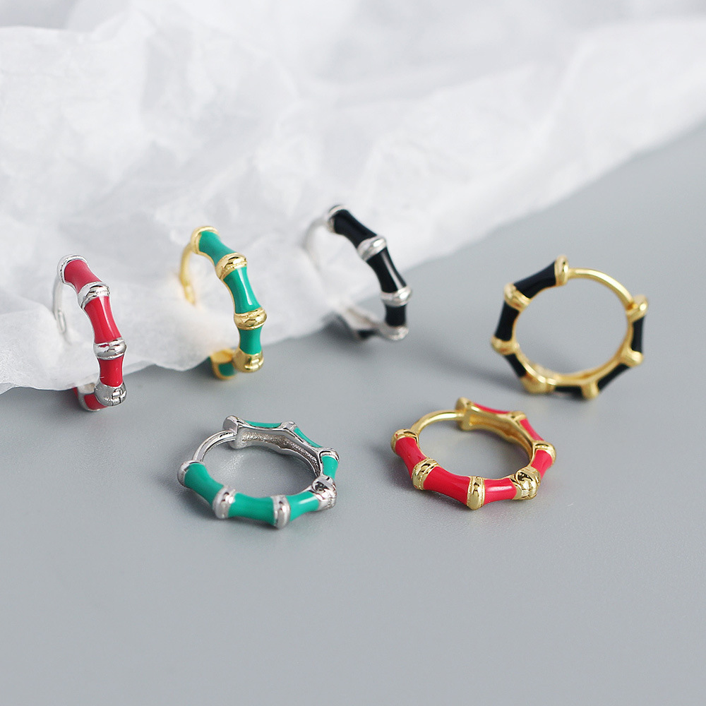 fashion drip oil enamel s925 silver bamboo retro ear buckle female