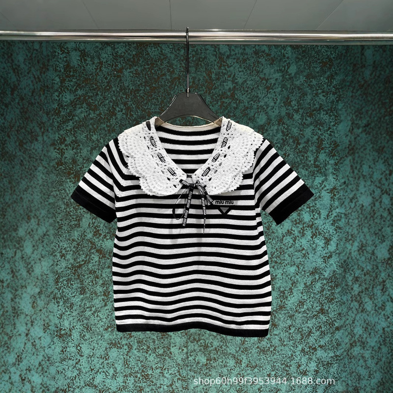mm25春夏新款甜美减龄重工拼接娃娃领针织短袖女款|undefined