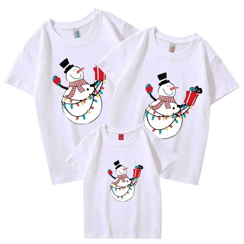 Día de Año Nuevo Navidad Muñeco de nieve autoproducido y vendido algodón refinado ropa para padres e hijos de venta rápida ropa para niños manga corta cuello redondo Camiseta al por mayor familia