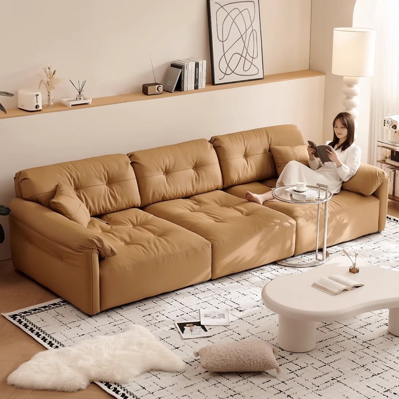 Sofá de cuero francés crema nube sala de estar retro marrón gran asiento profundo italiano minimalista sofá de orejas de elefante