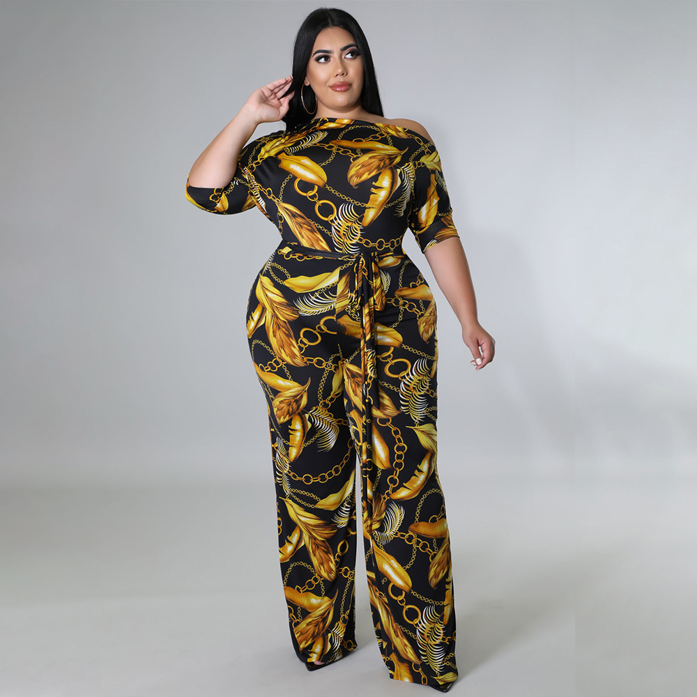 plus size print mid-sleeve off-shoulder lace-up wide-leg jumpsuit NSLNW122705