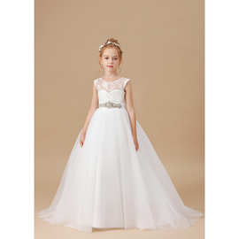 儿童礼服女速卖通白色花童婚礼小女孩礼服钢琴演出服周岁生日礼服