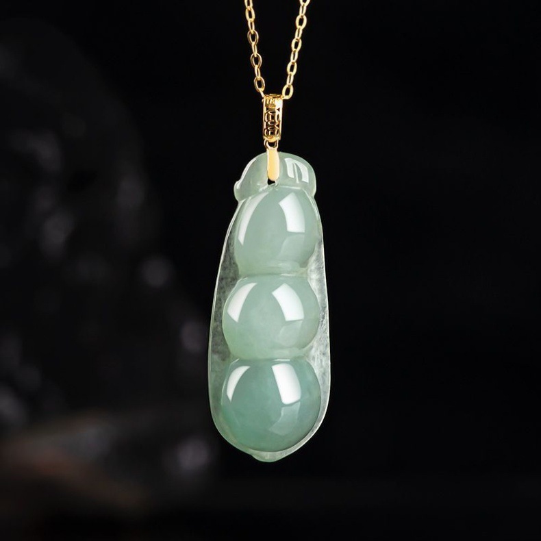 Mặt dây chuyền ngọc bích tự nhiên A hàng hình đậu phúc (Fudou) đính đá chi tiết 9