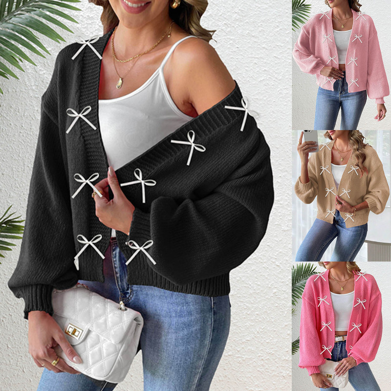 Coats for Cross-Border Foreign Trade, In-Stock European and American Women's Clothing Wholesale, Sweater Cardigans with Ribbon Bow Embellishments, Women's Christmas Sweaters