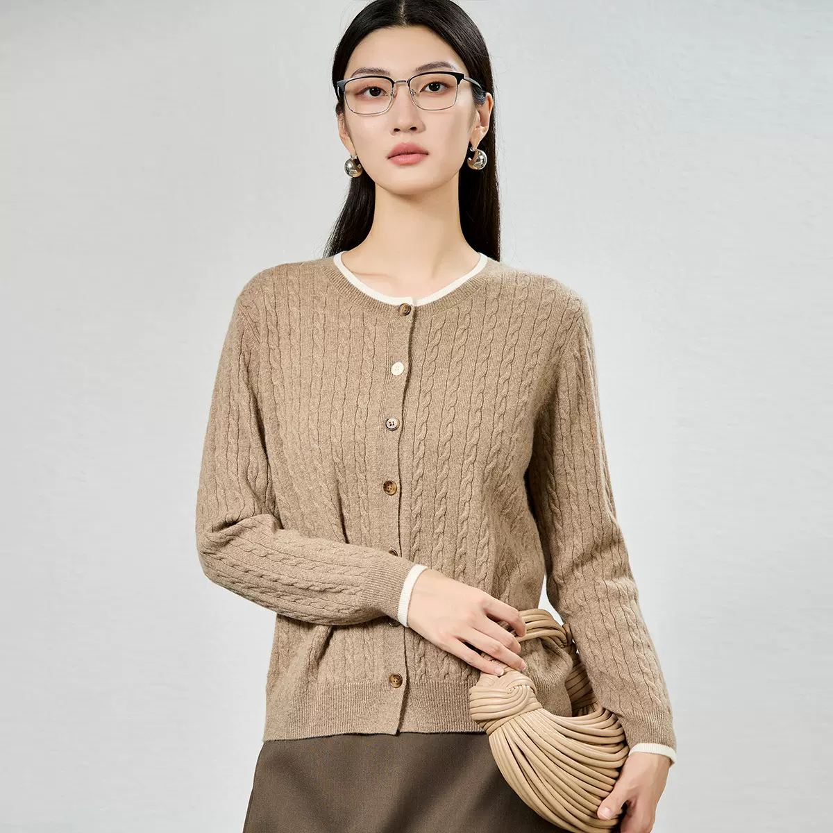 老钱风假两件100纯羊绒开衫女式秋冬新款麻花螺纹外套上衣针织衫