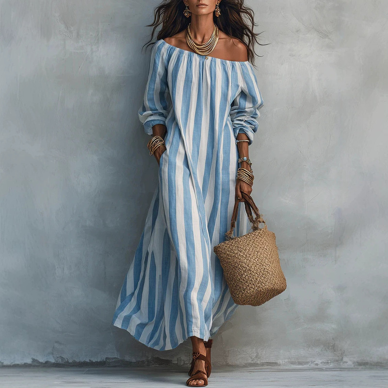 2026 New Cross-Border European and American Independent Station Casual Off-Shoulder Striped Long Dress with Side Pockets That Flatters the Figure