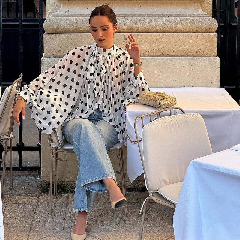 In-Stock Amazon Independent Site Cross-Border Foreign Trade Polka Dot Tie-Up Semi-Transparent Lantern Sleeve Elegant Loose Women's Shirt