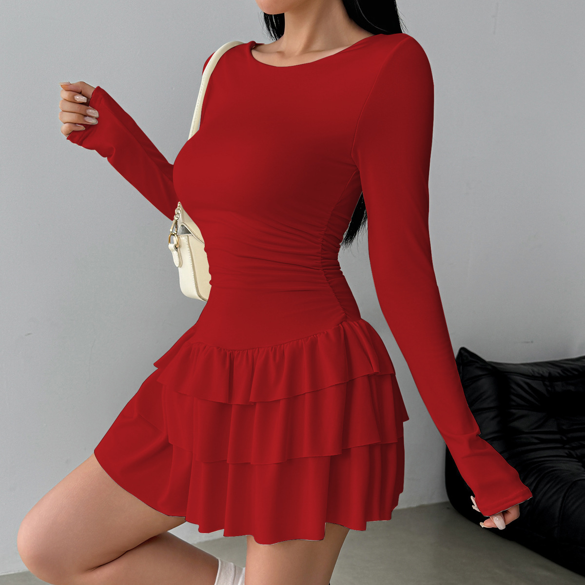 Women's Solid Color Slim Fit Ruffled Panel Long Sleeve Bodycon Mini Dress – Elegant Casual Gown_ecoleips.com