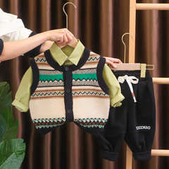 男童套裝春裝洋氣春款寶寶民族風毛衣馬甲三件套男寶童裝廠家批發